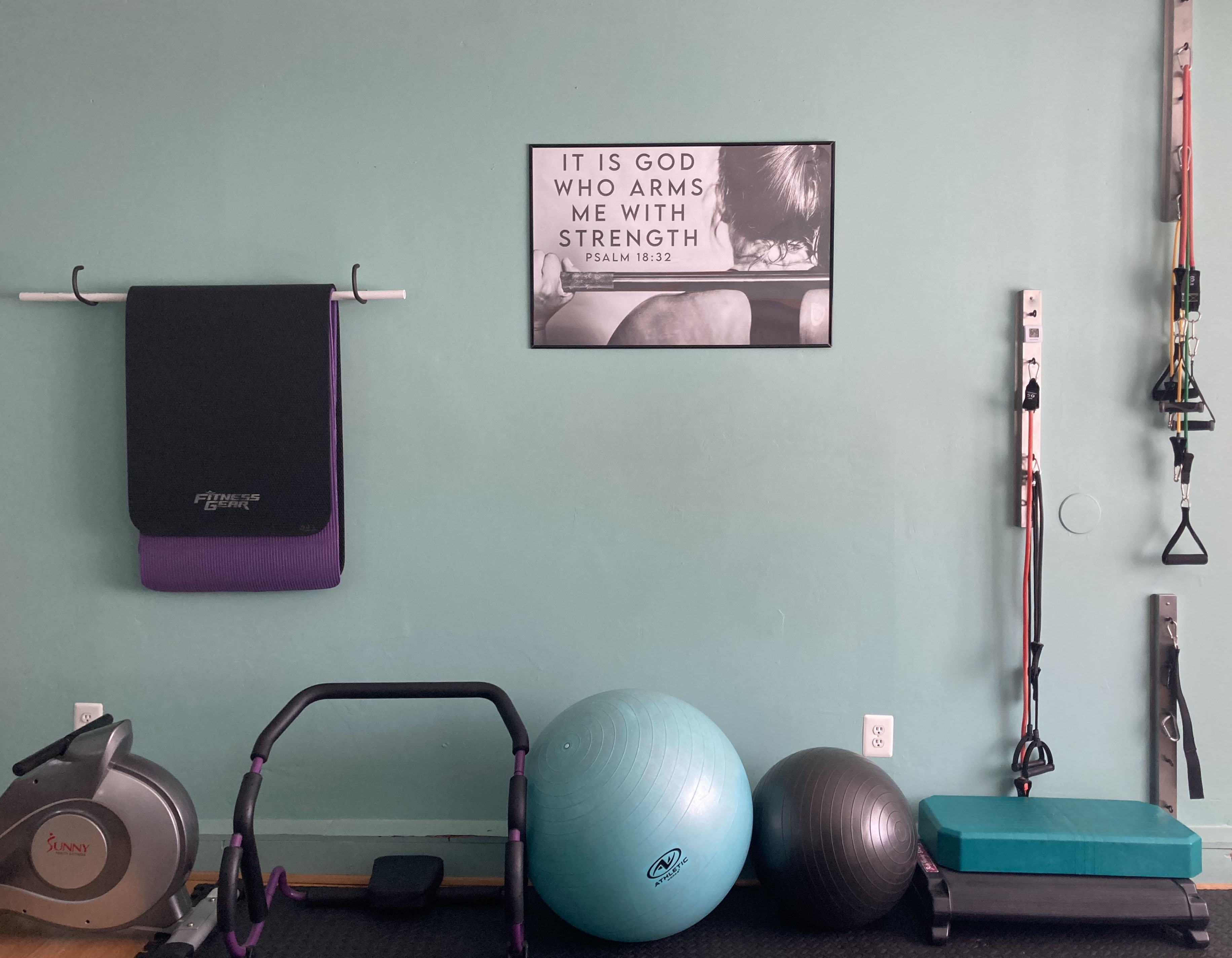 Workout Equipment- yoga mats, resistance cords, fitness balls, TRX Suspension system and cardio rowing machine